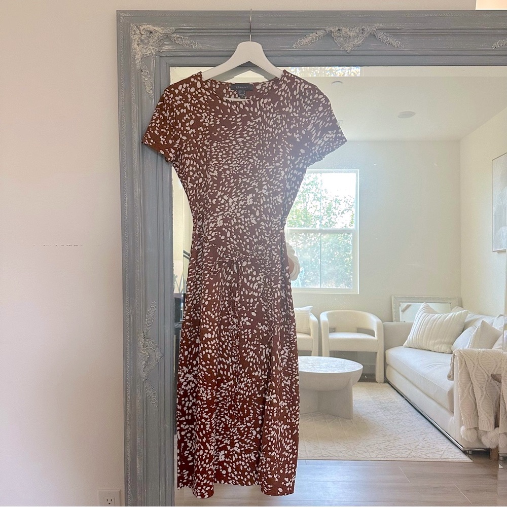 Brown Chestnut Print Midi‎ Dress w/slit Primark size 2 S